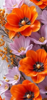 Bright floral mobile wallpaper with orange and pink flowers.
