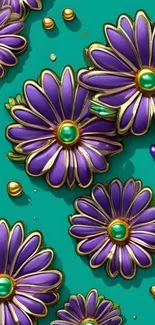 Purple daisy floral pattern with teal and gold accents.