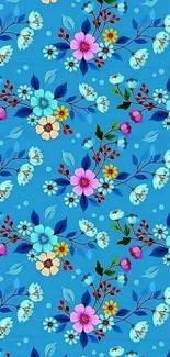 Vibrant floral wallpaper with colorful flowers on a blue background.