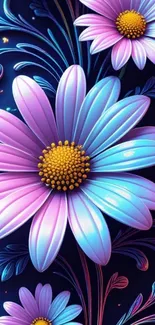 Vibrant daisy-themed mobile wallpaper with luminescent colors.