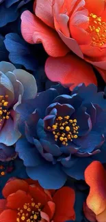 Vibrant floral phone wallpaper with blue and orange blooms.