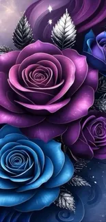 Vibrant purple and blue roses wallpaper design.