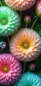Colorful floral wallpaper with vibrant blooms and leaves.
