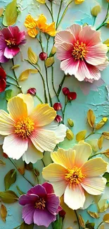 Vibrant floral wallpaper with colorful blossoms and leaves on an aqua background.