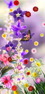 Vibrant floral wallpaper with purple, pink flowers and butterfly.