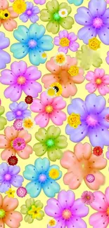 Vibrant, colorful flower wallpaper on light yellow background.