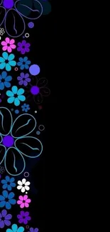 Colorful floral pattern on black background for phone wallpaper.