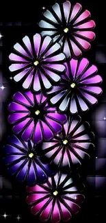 Vibrant floral wallpaper with purple petals on a dark background.