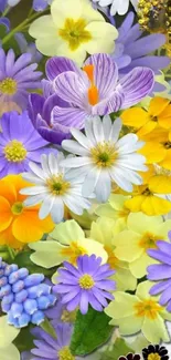 Colorful floral wallpaper with yellow, purple, and orange flowers.