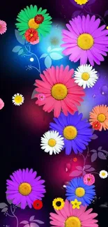 Vibrant floral phone wallpaper with colorful daisies on a dark background.