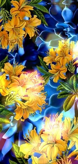 Vibrant floral wallpaper with yellow flowers on a blue background.