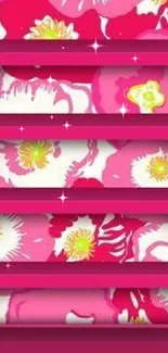 Pink floral shelves on vibrant wallpaper.