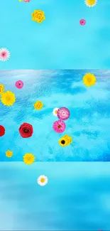 Vibrant mobile wallpaper with floating flowers on blue water surface.