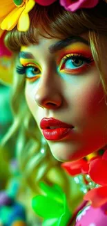 A vibrant portrait with floral accents and vivid colors.