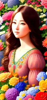 Vibrant woman's portrait with colorful flowers.