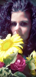 Woman with sunflowers and roses in vibrant portrait.