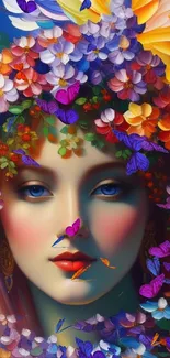 Vibrant floral portrait wallpaper with a colorful flower crown and serene face.