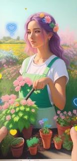 Woman with purple hair in a green apron surrounded by colorful flowers.