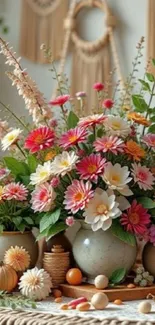 Vibrant floral arrangement with colorful flowers in ceramic pots.