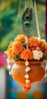 A vibrant hanging pot with marigolds and peacock feathers against a blurred background.