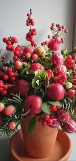 Vibrant floral pot wallpaper with red flowers.