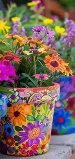 Colorful floral pots with vibrant flowers and decorative patterns.