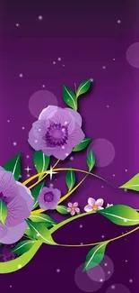 Purple floral mobile wallpaper with green leaves.