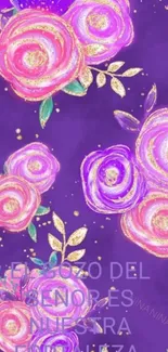 Purple floral wallpaper with pink roses and text overlay.