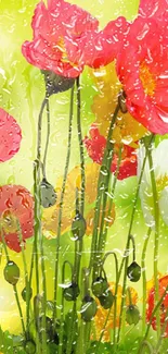 Floral wallpaper with raindrops on bright poppies and green background.