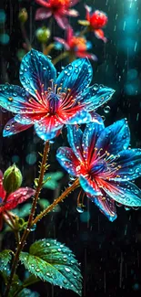 Vivid blue and red flowers with rain droplets in a lush setting.