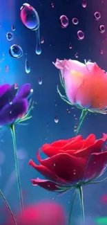 Colorful roses with raindrops on mobile wallpaper.