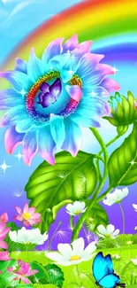 Vibrant blue flower with rainbow and butterfly.