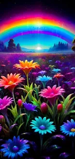 Vibrant flowers and rainbow landscape on mobile wallpaper.