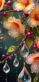 Vibrant floral wallpaper with raindrops