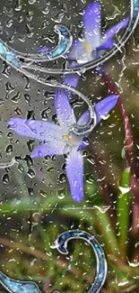 Purple flowers with raindrops on a green background in artistic style.