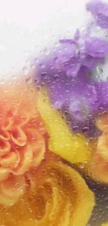 Vibrant wallpaper with orange, yellow, and purple flowers with water droplets.