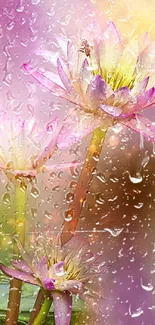 Vibrant floral wallpaper with pink hues and raindrop effect.