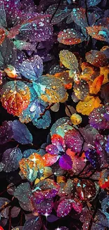 Colorful floral wallpaper with leaves and raindrops.