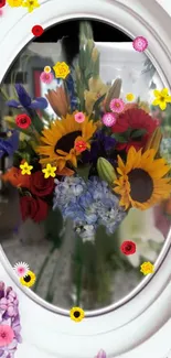 Colorful flowers reflecting in an elegant oval mirror.