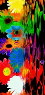 Vibrant floral wallpaper with colorful reflections and bubbles.