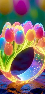 Vibrant glowing floral ring with colorful tulips.