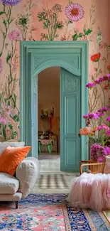 Vibrant floral wallpaper in a pastel themed room with elegant decor.