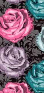 Mobile wallpaper with colorful floral roses on a black background.