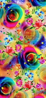 Vibrant floral wallpaper with colorful roses and blossoms.