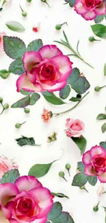 Pink rose floral wallpaper with green leaves on light background.