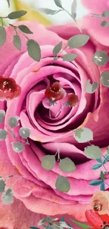 Vibrant pink rose with floral accents wallpaper