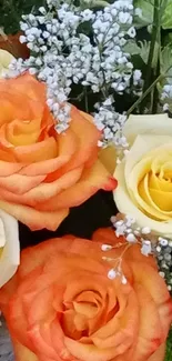 Vibrant wallpaper with orange and yellow roses