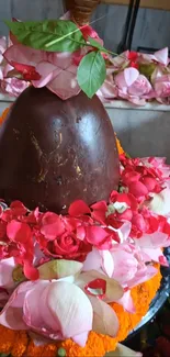 Shiva Lingam adorned with pink and red flowers, infused with spiritual essence.