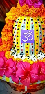 Colorful Shivalinga with vibrant flowers and Om symbol.