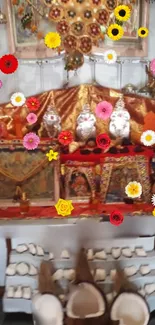 Vibrant shrine with colorful flowers and golden decor in a spiritual setting.